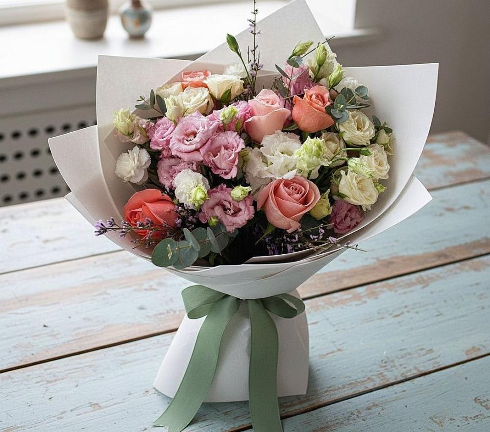 Букет цветов из: Розы, Лизиантусы и Гвоздики в Бежецке