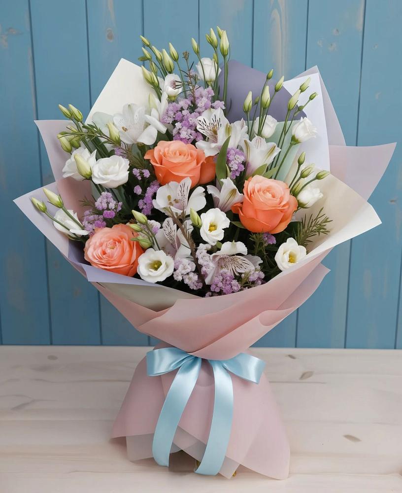 Букет цветов из: Лизиантусы, Розы, Альстромерии и Гипсофила в Бежецке