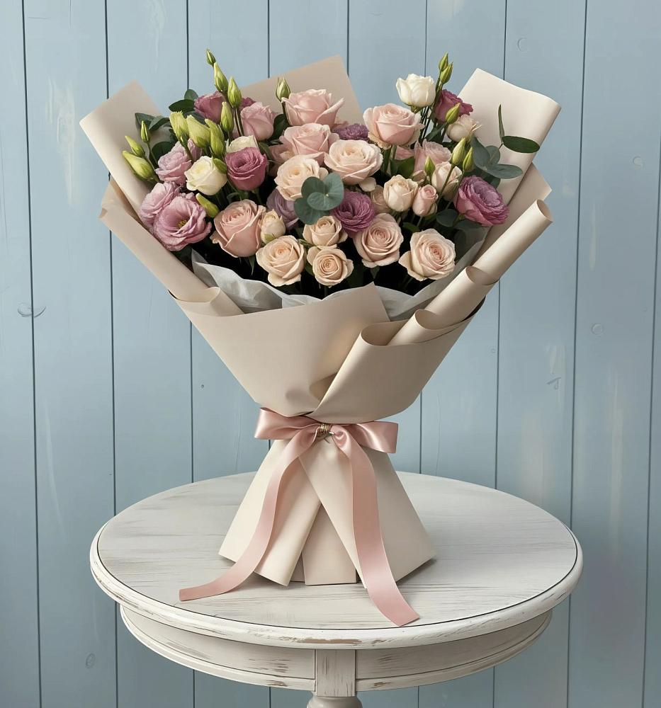 Букет цветов из: Розы и Лизиантусы в Бежецке